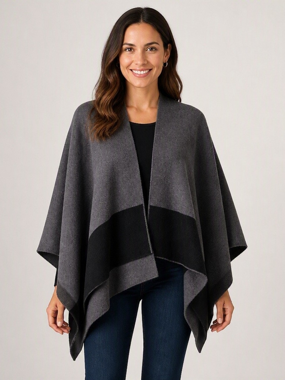 LOFT Two‑Tone Gray Knit Poncho Wrap Cozy Fall Layer Work Travel Cozy Office Chic